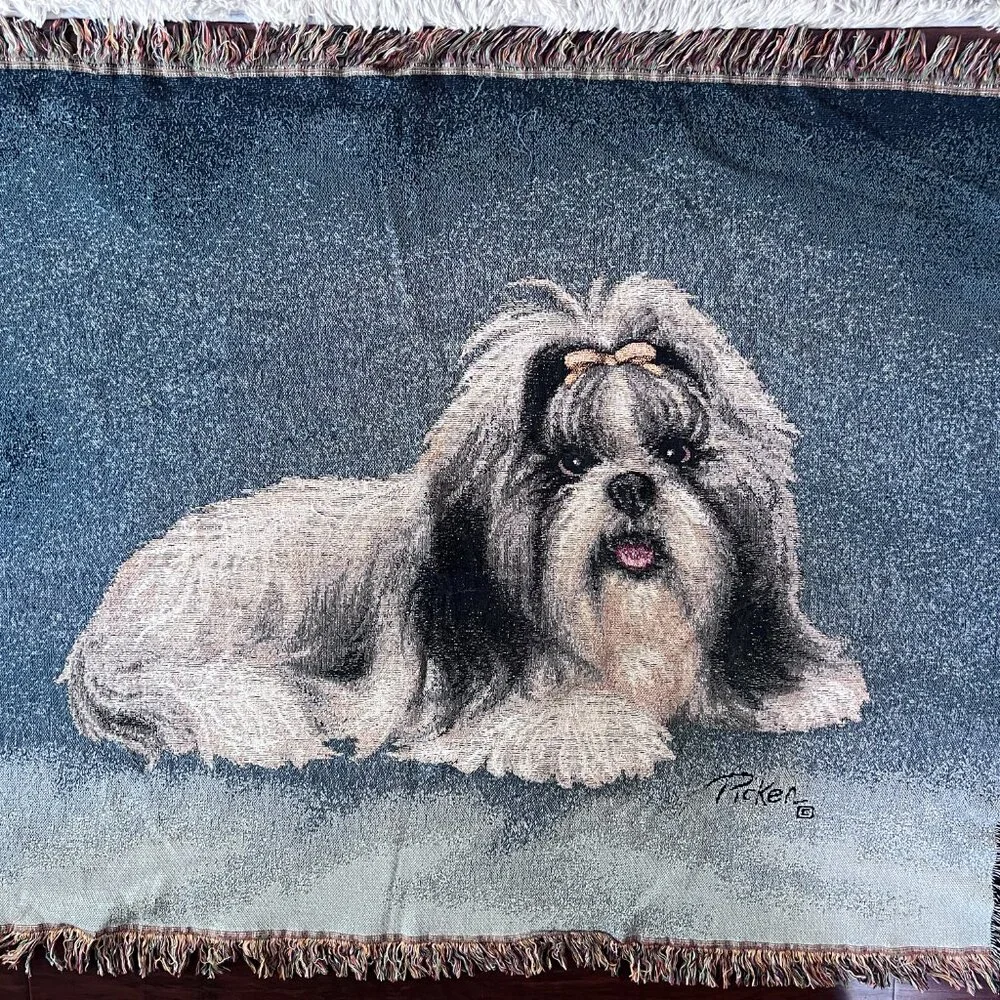 Linda Picken Shih Tzu Dog Tapestry Throw Lap Blanket 57x46 Woven Fringed Pet Art